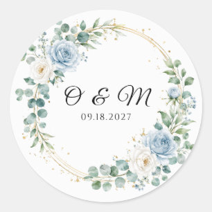 Autocollant Rond de Mariage Fleur Bleu Poussiéreux