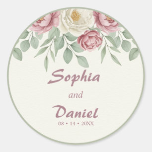Autocollant Rond de Mariage Floral Pivoine Rose Po