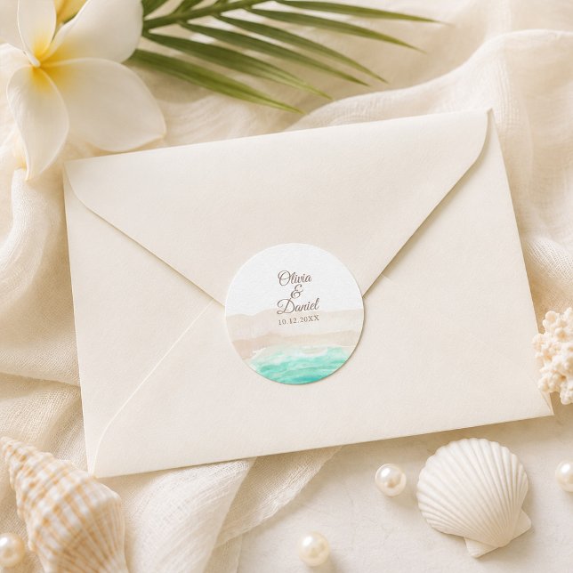 Autocollant Rond de Mariage Tropical à l'Aquarelle (Watercolor Tropical Beach Wedding Round Sticker)