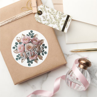 Autocollant Rond de Monogramme Floral Or Rose Pers