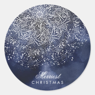 Autocollant rond de Noël Blue Snowflake personnali
