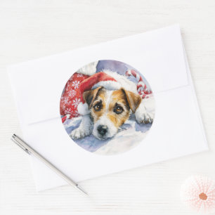 Autocollant rond de Noël Jack Russell