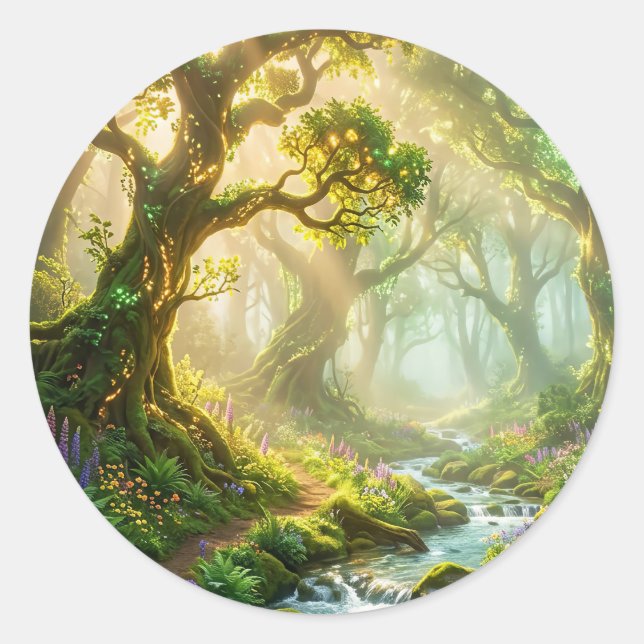 Autocollant Rond de Ruisseau de Forêt Enchantée (Devant)