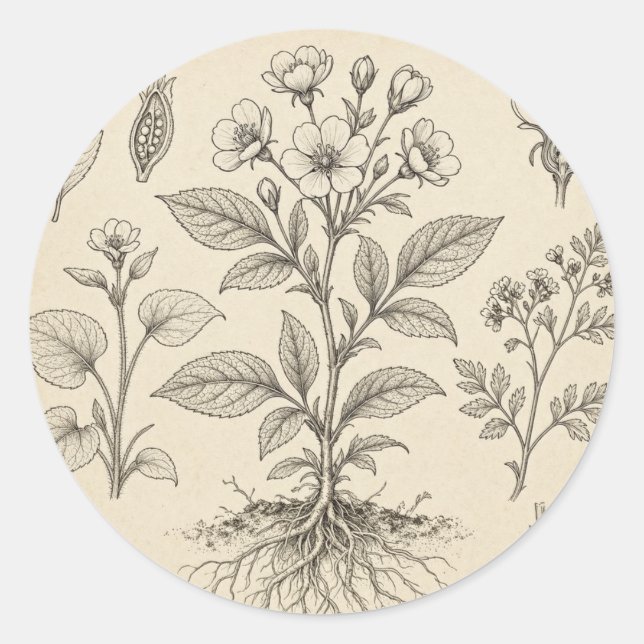 Autocollant Rond Dessin Botanique Vintage (Devant)
