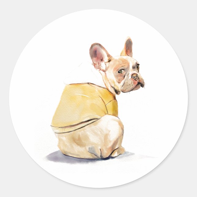 Autocollant Rond Drôle de Bouledogue Français (Devant)