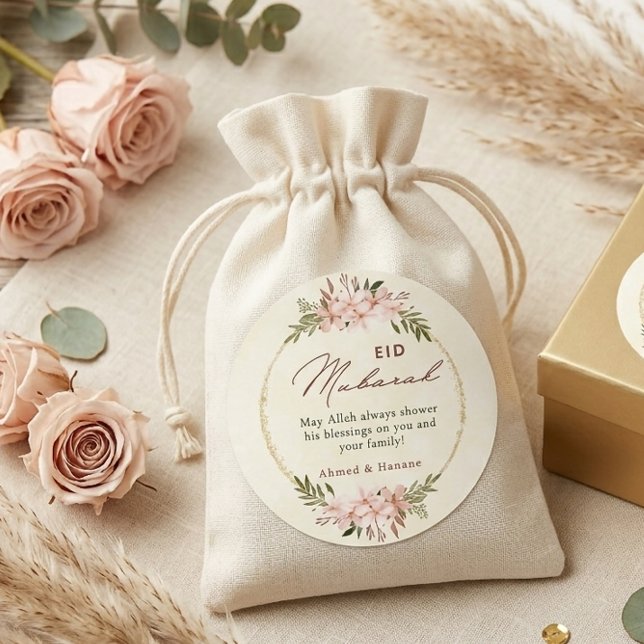Autocollant Rond Eid Mubarak Floral Blush Élégant (Créateur téléchargé)