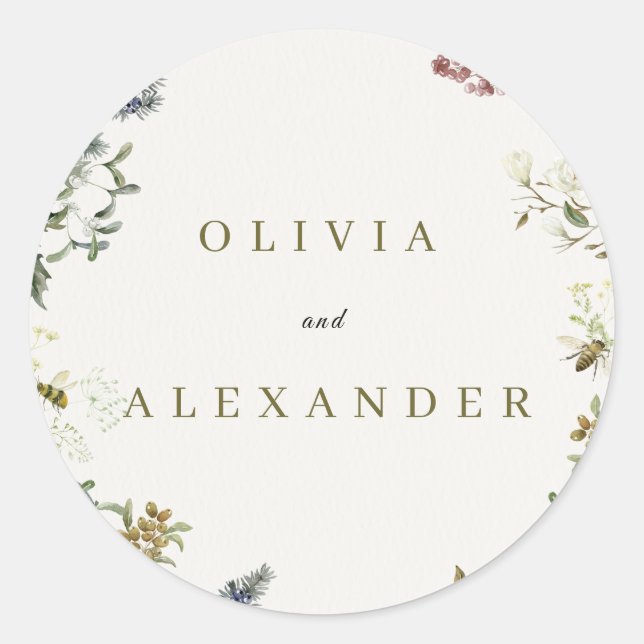 Autocollant Rond Élégant Fleurs de Mariage | (Devant)