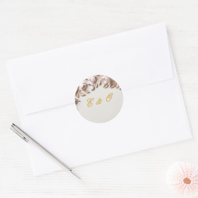 Autocollant Rond Élégant Fleurs Mariage (Enveloppe)