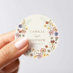 Autocollant Rond Élégant pour Mariage aux Fleurs S
