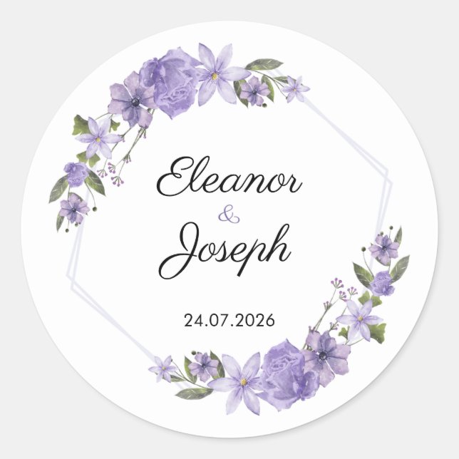 Autocollant Rond Étiquette Fleurs Violettes Mariag (Devant)