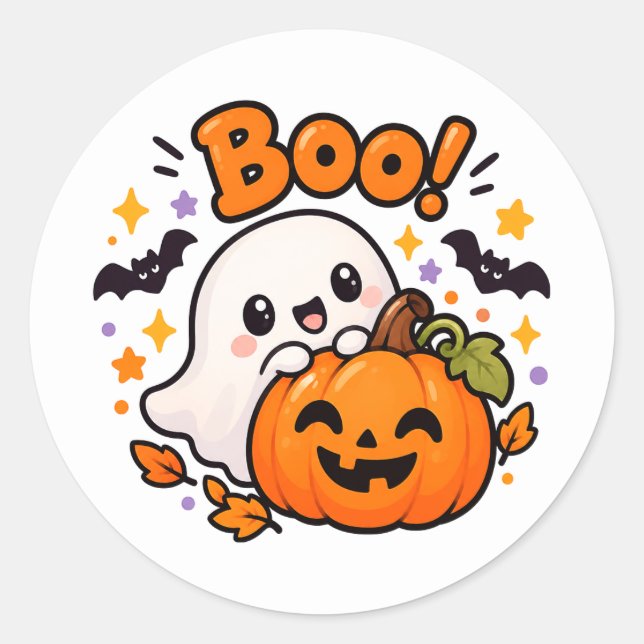 Autocollant rond fantôme citrouille Halloween mign (Devant)