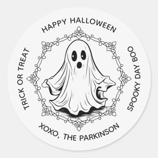Autocollant Rond Fantôme Classique – Joyeux Hallow (Devant)