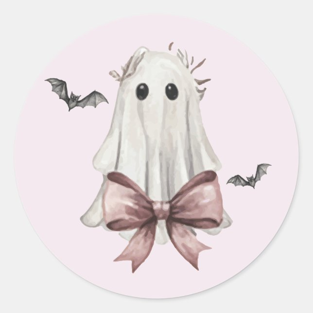 Autocollant rond fantôme Halloween Coquette rose (Devant)