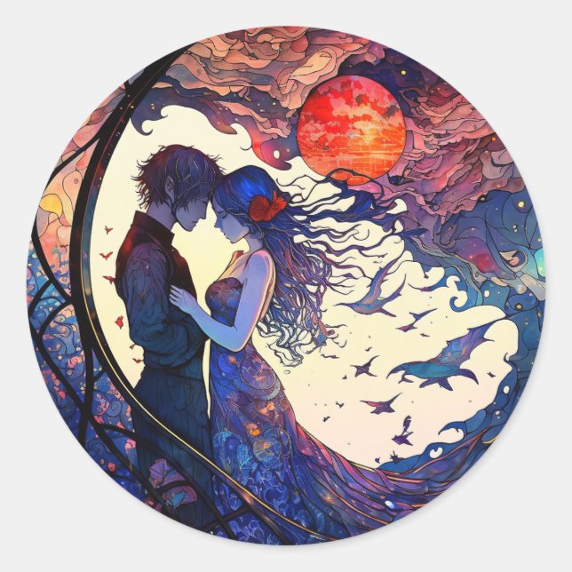 Autocollant Rond Faux Vitrail de Couple (Devant)