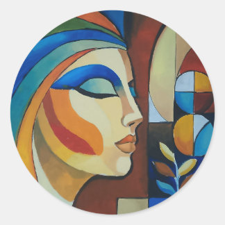 Autocollant Rond Femme Cubiste Abstraite Art