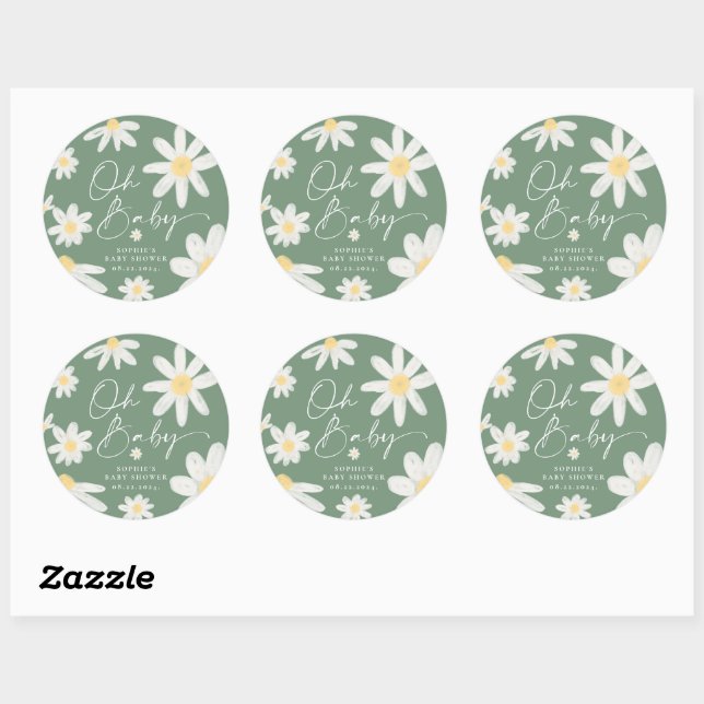 Autocollant Rond Fleur de Daisy Vert Sauge Boho (Feuille)