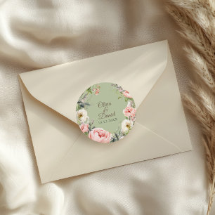 Autocollant Rond Floral de Pivoine Vert Sauge