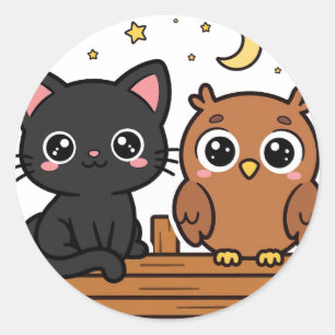 Autocollant rond Halloween Chat de minuit et Hibou