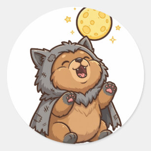 Autocollant Rond Halloween Hurlement de Chiot Loup