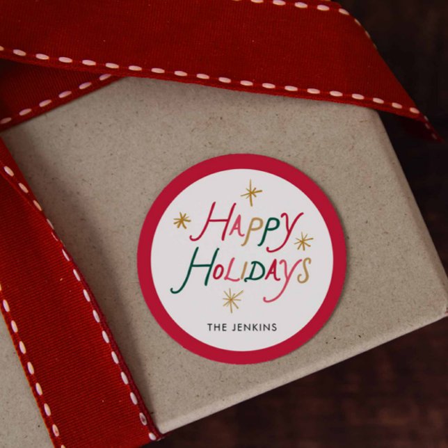 Autocollant rond Joyeuses Fêtes de couleur moderne (Bold Colorful Happy Holidays Modern Round Sticker | Holiday Packaging Label)