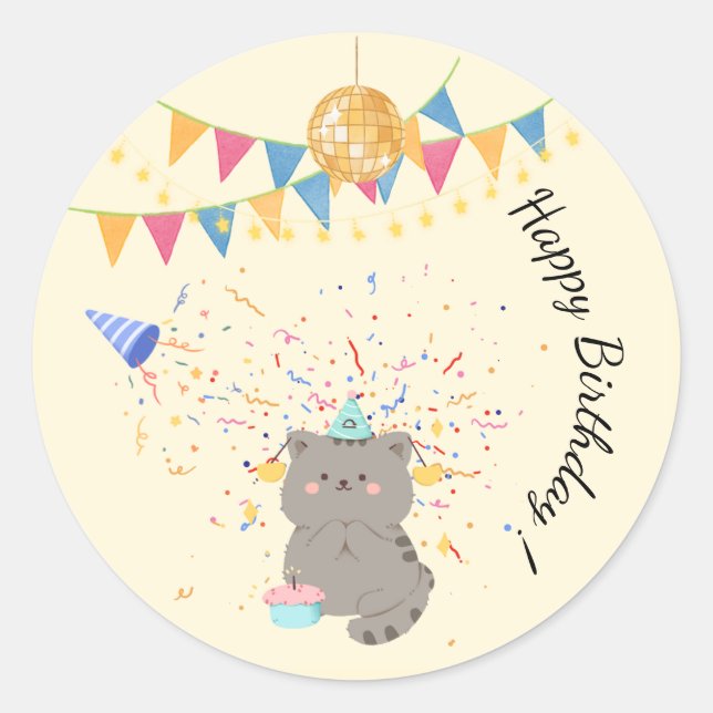 Autocollant Rond Joyeux Anniversaire Chat Mignon | (Devant)