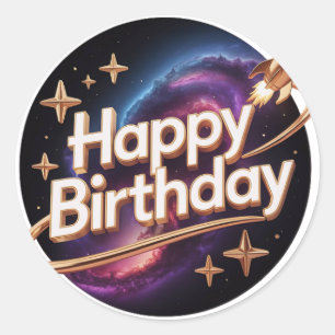 Autocollant rond Joyeux Anniversaire Fusée spatial