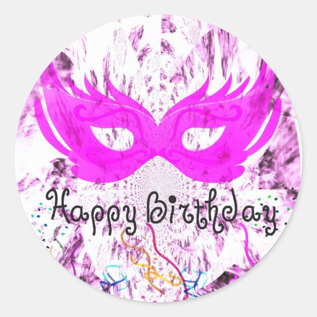 Autocollant Rond Joyeux Anniversaire Mascarade Ros (Devant)