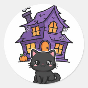 Autocollant Rond Maison Hantée Chat Noir Halloween