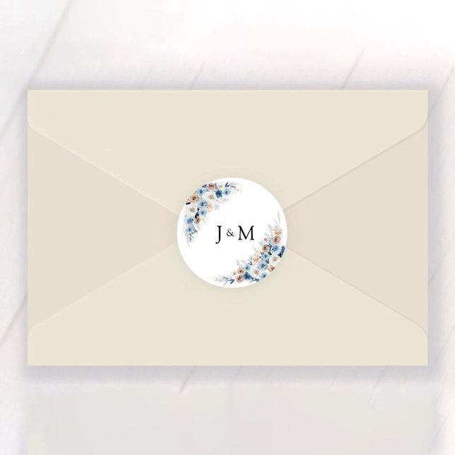 Autocollant rond Mariage classique Boho bleu (Créateur téléchargé)