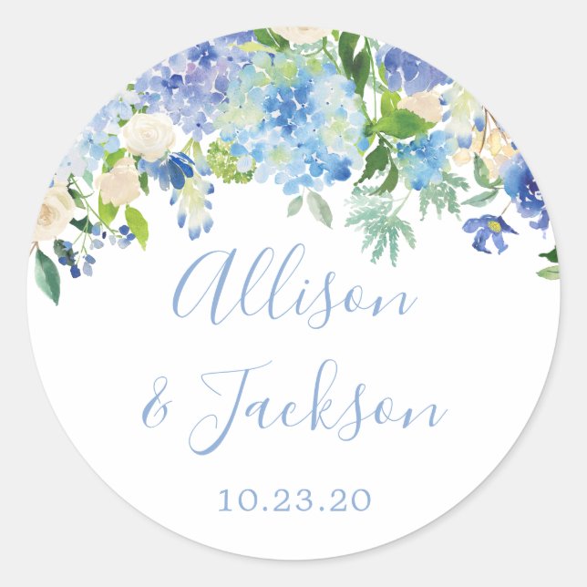 Autocollant rond Mariage Floral Blue Hydrangeas (Devant)