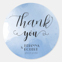 Autocollant rond Mariage Merci bleu-blanc