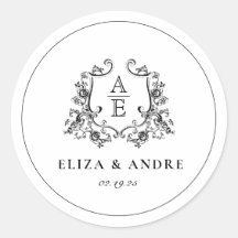 Autocollant rond Mariage Monogramme noir et blanc