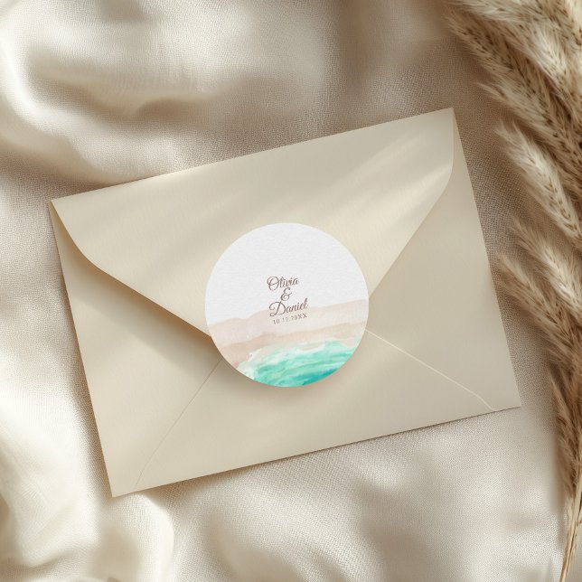 Autocollant Rond Mariage Tropical à l'Aquarelle su (Watercolor Turquoise Sandy Beach Wedding Classic Round Sticker on a wedding envelope.)