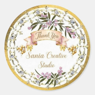 Autocollant Rond "Merci" Fleurs et Diamants en Or 