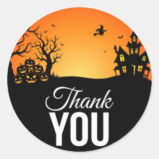 Autocollant rond Merci Halloween Maison Hantée