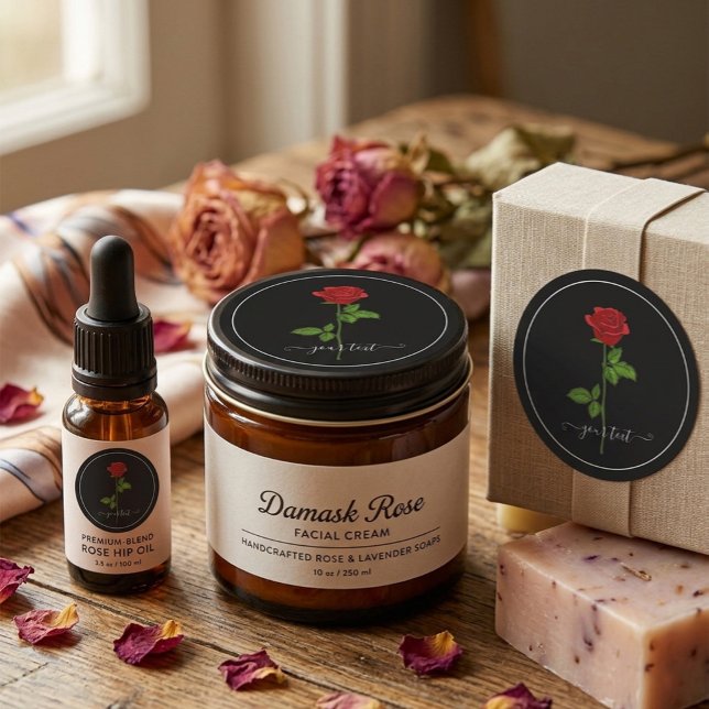 Autocollant Rond Noir avec Rose Rouge & Texte Pers (Créateur téléchargé)