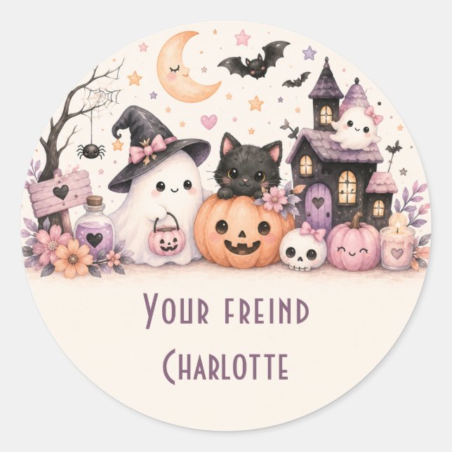 Autocollant rond nom d'amis Halloween mignon (Devant)