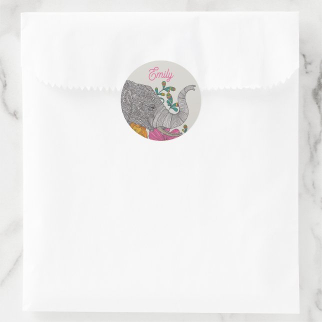 Autocollant Rond Personnalisé au Nom de l'Éléphant (Sac)