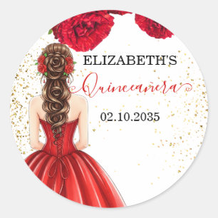 Autocollant rond personnalisé Quinceañera rouge et