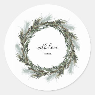 Autocollant Rond Pinède Neige Couronne de Noël Fêt