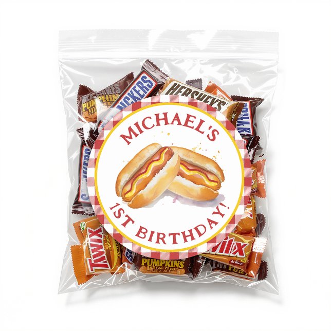 Autocollant rond pour anniversaire Hot Dog – Enfan (Party Sticker Favor)