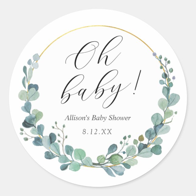 Autocollant rond pour Baby Shower Eucalyptus Green (Devant)