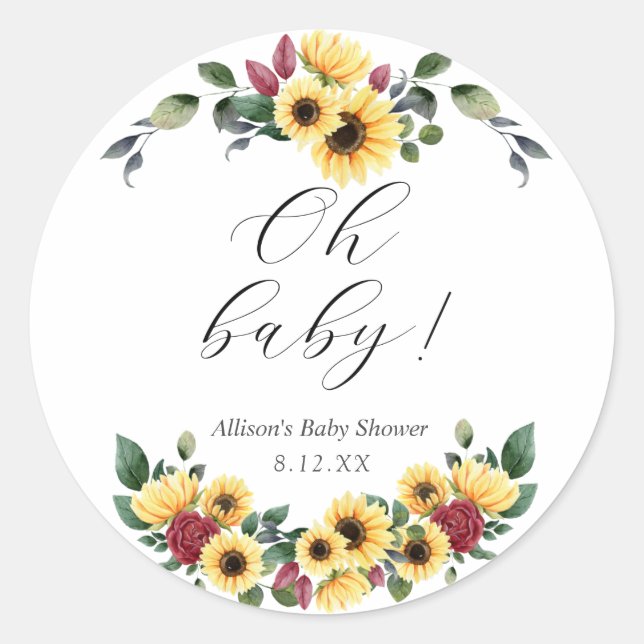Autocollant rond pour Baby Shower Fleur de tournes (Devant)