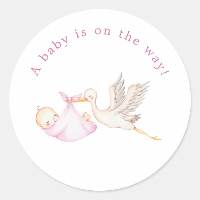 Autocollant rond pour baby shower Pink Stork (Devant)