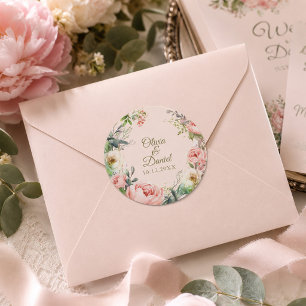 Autocollant Rond pour Mariage Pivoine Rouge Clair