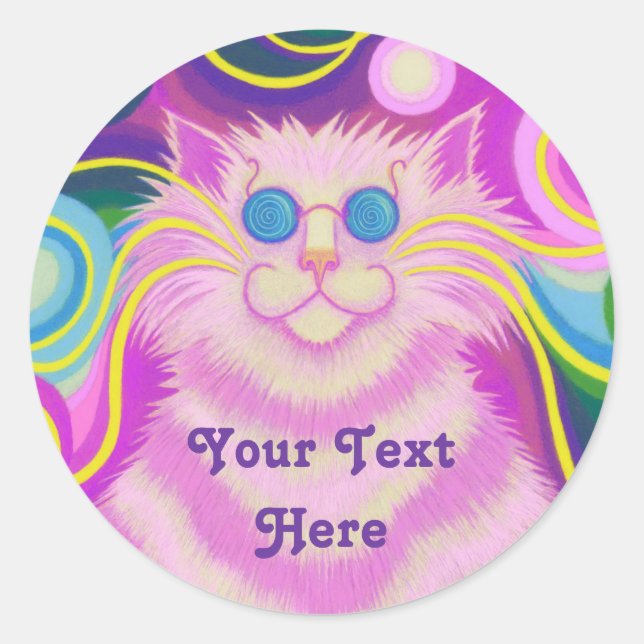 Autocollant rond Psy-cat-delic Pink 'Your Text Her (Devant)