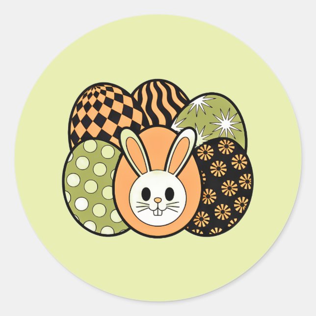 Autocollant Rond Rétro Oeuf de Lapin de Pâques (Devant)