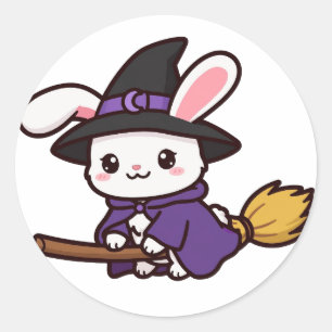 Autocollant rond sorcière lapin balai d'Halloween