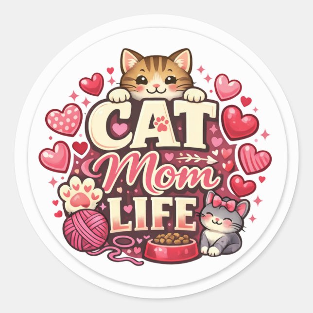 Autocollant Rond Vie de Maman de Chat – Cœurs de l (Devant)