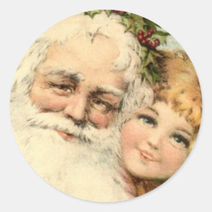 Autocollant rond VINTAGE PÈRE NOËL ET PETITE FILLE